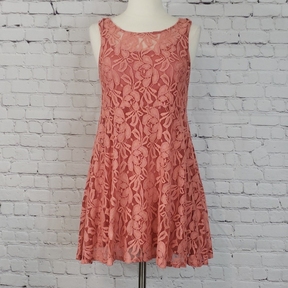 Free People Boho Whimsy Floral Lace Dress Fit-and-Flare Skater Mini Coral